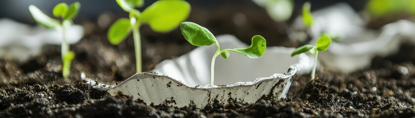 A close-up of young green seedlings emerging from dark soil, with an eggshell fragment providing a natural nurturing element.