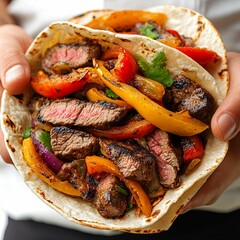 Wall Mural - Close-up of a Beef Fajita Taco Held in Hands