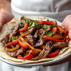 Wall Mural - Close-up of a Plate of Grilled Steak, Bell Peppers, and Cilantro on a Tortilla