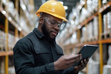 Technician wearing hard hat using digital tablet on shop floor in a factory. 