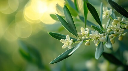 Poster - Olive Tree Branch in Bloom with Soft Sunlight