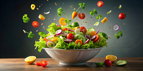 Dynamic shot of fresh salad vegetables falling into a bowl, fresh, salad, vegetables, organic, healthy, food, bowl, lettuce