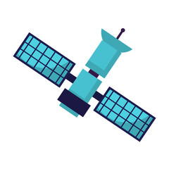 Blue satellite with two solar panels suitable for technology, space, and science concepts in educational materials, articles, or presentations