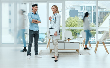 Canvas Print - Doctor, patient and discussion in waiting room of hospital with medical results, diagnosis information and report. Female surgeon, man and talking in clinic lobby with healthcare advice and support