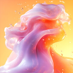 Poster - Translucent colorful flowing form in an abstract style where orange, pink and purple hues merge to create a shimmering flow on a light orange background. Light reflections add a sense of movement and 