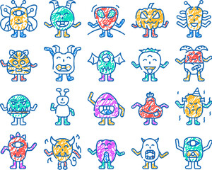 monster cute character doodle icons set vector. sketch line art funny happy alien, animal halloween, fun baby, comic colorful party, humor kid face monster cute character color illustrations