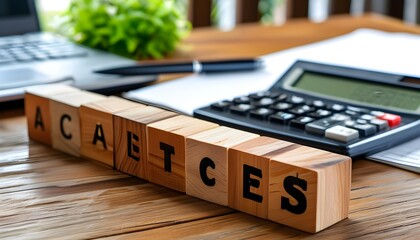 Financial Planning and Analysis with Wooden Cubes, Pen, and Calculator