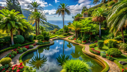 Lush tropical garden with exotic plants and ponds in Madeira Island, Portugal, Monte Palace, Tropical, Garden, Madeira, Island