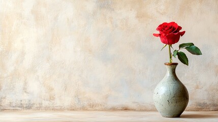 Wall Mural - A single red rose flower in a ceramic vase standing on a textured beige wall background with empty copy space. Elegant home decor