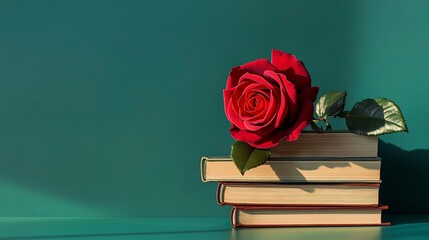 Sticker - A poster with a rose on books celebrating Sant Jordi s Day and International Book Day on a green background with shadows and space for copy 