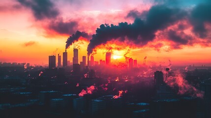 Canvas Print - A stunning skyline silhouette with smoke rising against a vibrant sunset, capturing the contrast of nature and urban life. 