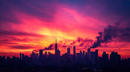 Sticker - A stunning skyline silhouette with smoke rising against a vibrant sunset, capturing the contrast of nature and urban life.