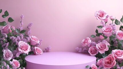 Sticker - Podium background flower rose product pink, 3d spring table beauty stand display, nature white. Garden rose floral summer background podium cosmetic, valentine, Easter, field scene gift purple day