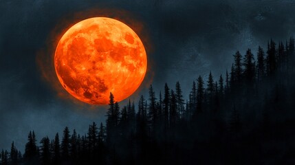 Poster - A dramatic landscape featuring a large orange moon rising over a dark forest silhouette, creating a mystical and eerie atmosphere.