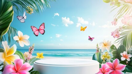 Poster - A summer empty podium for product demonstration against the background of the sea with tropical flowers and butterflies. Sunscreen cosmetics, beach holidays, hotel tour, oceanfront wedding 