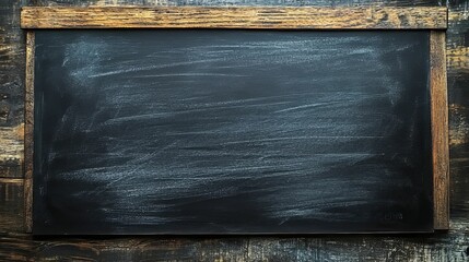 Empty Black Chalkboard with Wooden Frame on Rustic Wood Background