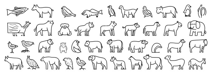 Line art collection of elephants, deer, bears. Suitable for logos, tattoos, wall art. Simplistic designs, black outlines on white backgrounds.