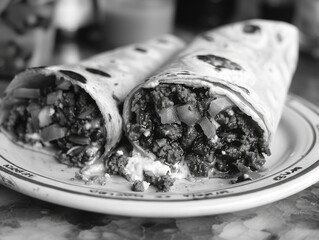 a plate of food with two burritos on it. the plate is white and the burritos are black and white