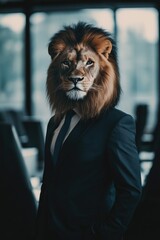 Wall Mural - A man is wearing a suit and tie and has a lion's head on his face. The image has a playful and humorous mood, as it is not a typical scene to see a man dressed in a suit