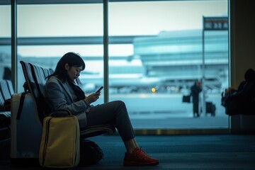 Woman relaxing in airport lounge with swollen ankles