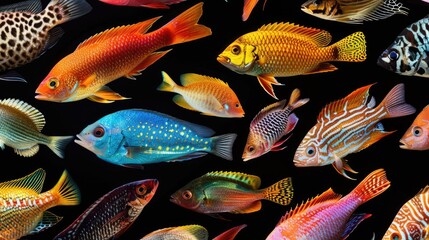 A colorful array of fish swimming in a black background. The fish are of various sizes and colors, creating a vibrant and lively scene