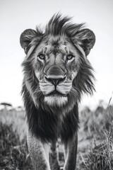 Wall Mural - a lion is standing in a field with its head held high. the image has a strong sense of power and maj