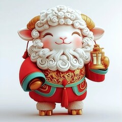 Canvas Print - Cute Cartoon Sheep in Red and Gold Chinese New Year Outfit Holding a Lantern