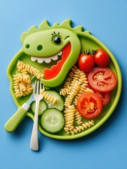 Wall Mural - A green plate with a dinosaur on it has pasta, tomatoes, and cucumbers. The dinosaur is smiling and has its mouth open, as if it's ready to eat