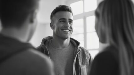 Poster - A man with a smile on his face is standing in front of two other people. The man is wearing a jacket and he is happy