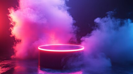 Wall Mural - Neon-Lit Platform with Pink and Blue Smoke