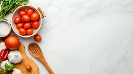 Poster - A white marble counter top with a bowl of tomatoes, garlic and basil, AI