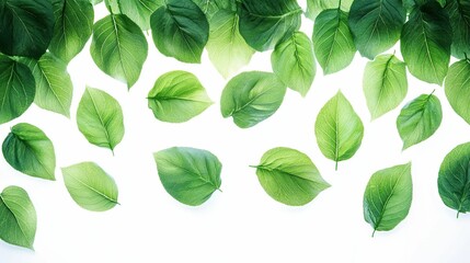 Wall Mural - Scattered Green Leaves on a White Background