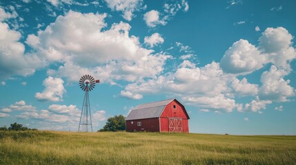 Canvas Print - Red Barn with Windmill under a Blue Sky