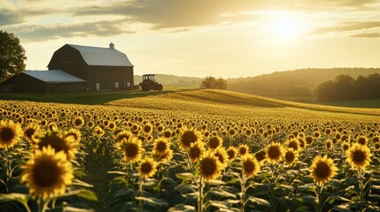 Canvas Print - Golden Sunset Over Sunflower Field