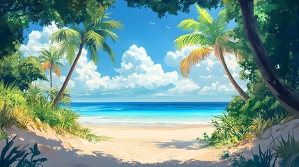 A beach in the summer heat, lined with tropical trees and a calm ocean, vibrant blue water stretching to the horizon, hyper-real, high-quality, sharp images, graphic, illustration