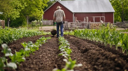 Canvas Print - Farmer tending his vegetable garden