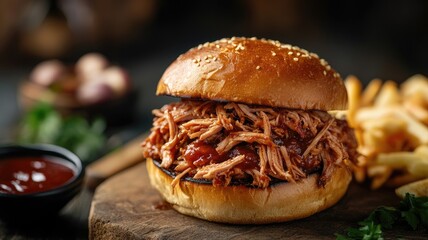 Wall Mural - Savory pulled pork sandwich on sesame bun with fries and barbecue sauce