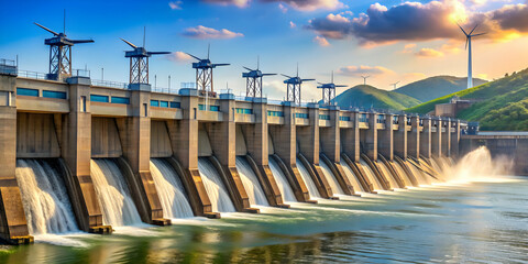 Row of turbines generating electricity in the Dam, turbines, electricity, generation, renewable energy, power