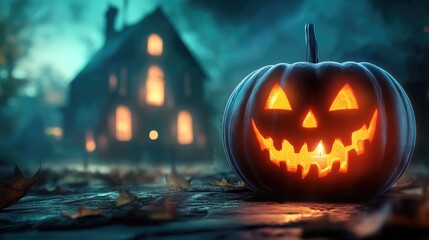 Halloween pumpkin with candlelight in front of a haunted house background,