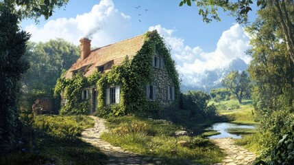 Wall Mural - Stone Cottage with Ivy Covered Walls