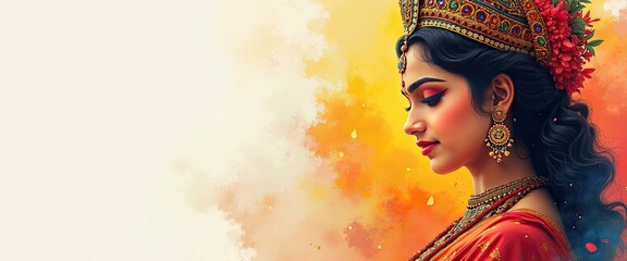 Watercolor portrait of Goddess Durga in traditional Bengali attire with festival colors for Durga Ashtami for Banner or Background 