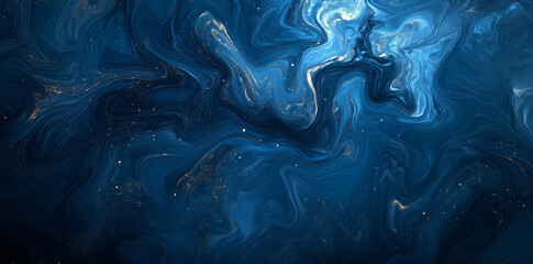 Wall Mural - A mesmerizing abstract background of deep blue swirling water patterns with golden, star-like specks, evoking fluidity and elegance, ideal for creative design or artistic projects