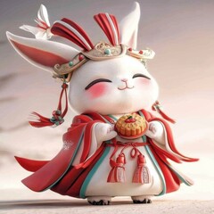 Canvas Print - Adorable Rabbit in Traditional Chinese Clothing Holding a Mooncake