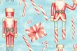 © Charoen - Watercolor seamless pattern with Christmas toys, candy canes and gift on blue background.