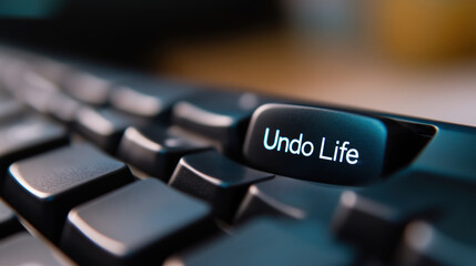 Sticker - A close up of a black keyboard with the text 'undo life' on it, AI