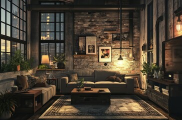 Poster - Cozy Loft Living Room with Exposed Brick Walls and City Views