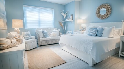 Canvas Print - Coastal Bedroom Design with White Furniture and Blue Accents