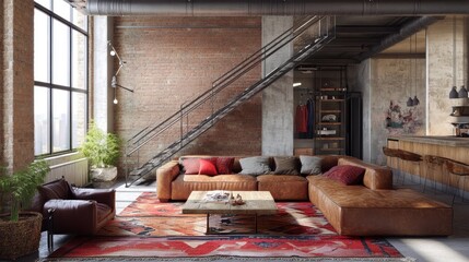 Poster - Modern Loft Interior Design with Exposed Brick Wall, Leather Sofa, and Staircase