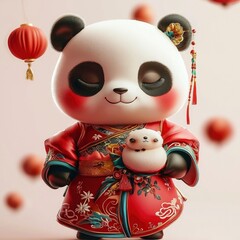 Wall Mural - Cute Panda in Traditional Chinese Clothing Holding a White Plush Toy