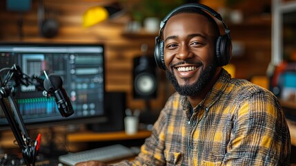 Smiling Man Wearing Headphones and a Plaid Shirt in a Recording Studio